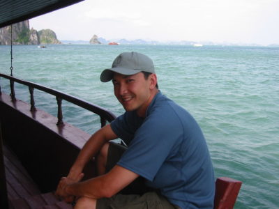 Viet at Ha Long Bay; first return to Vietnam, 2002.